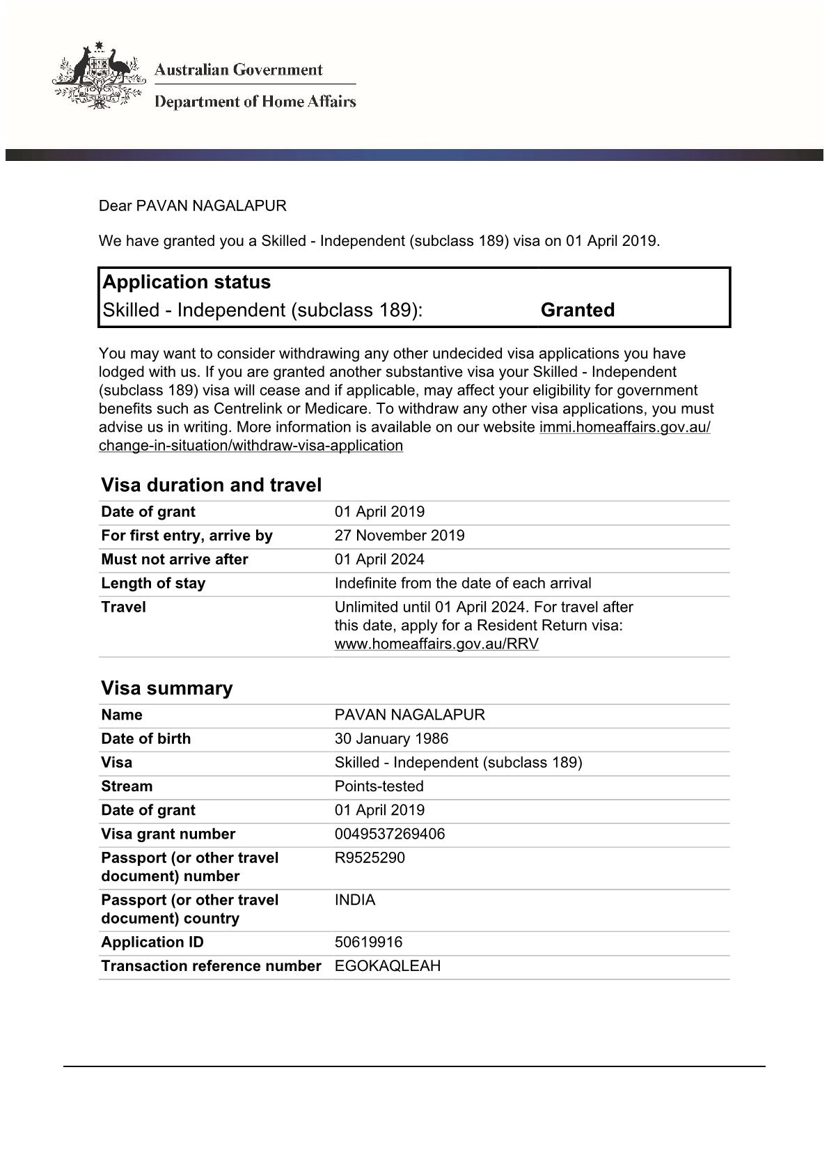 Visa Grant Evidence