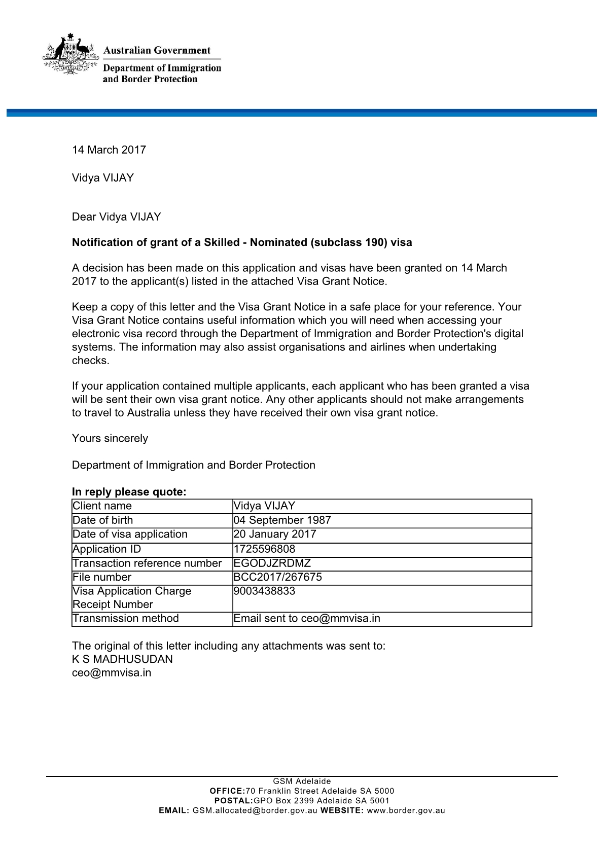 Visa Grant Evidence