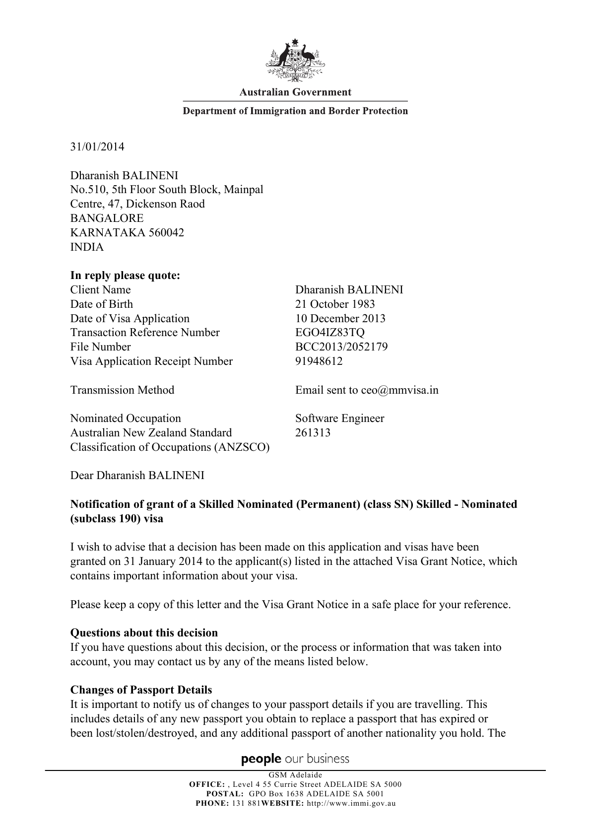 Visa Grant Evidence