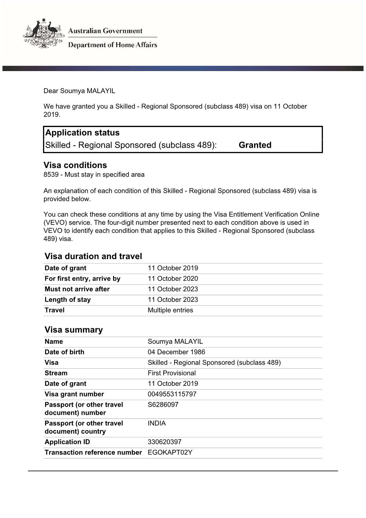 Visa Grant Evidence