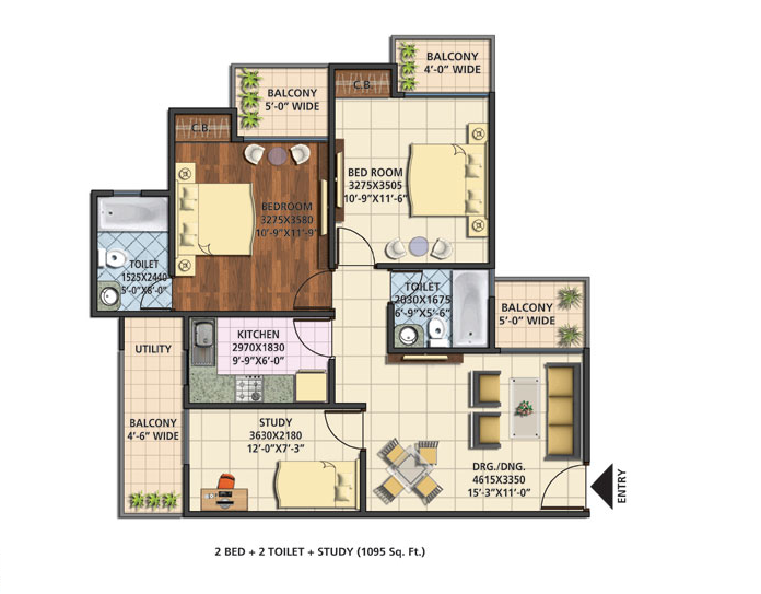 Earth Towne - 2 BHK + 2T + Study - 1095 Sqft - click to enlarge