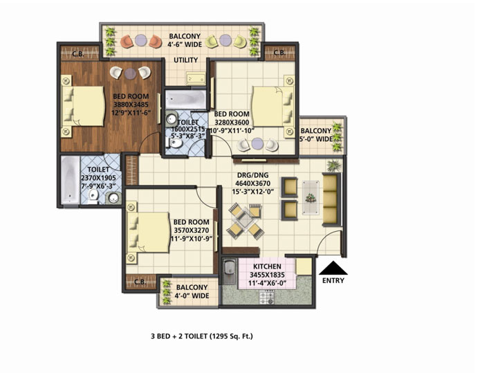 Earth Towne - 3 BHK + 2T - 1295 Sqft - click to enlarge