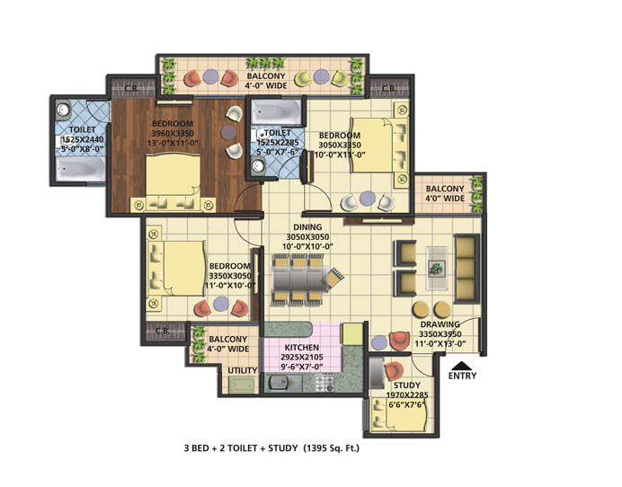 Earth Towne - 3 BHK + 2T + Study - 1395 Sqft- click to enlarge