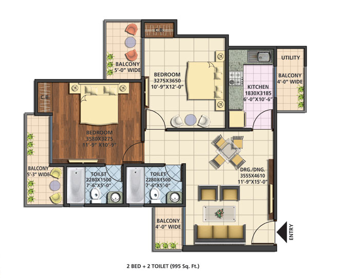 Earth Towne -2 BHK + 2T - 995 Sqft - click to enlarge